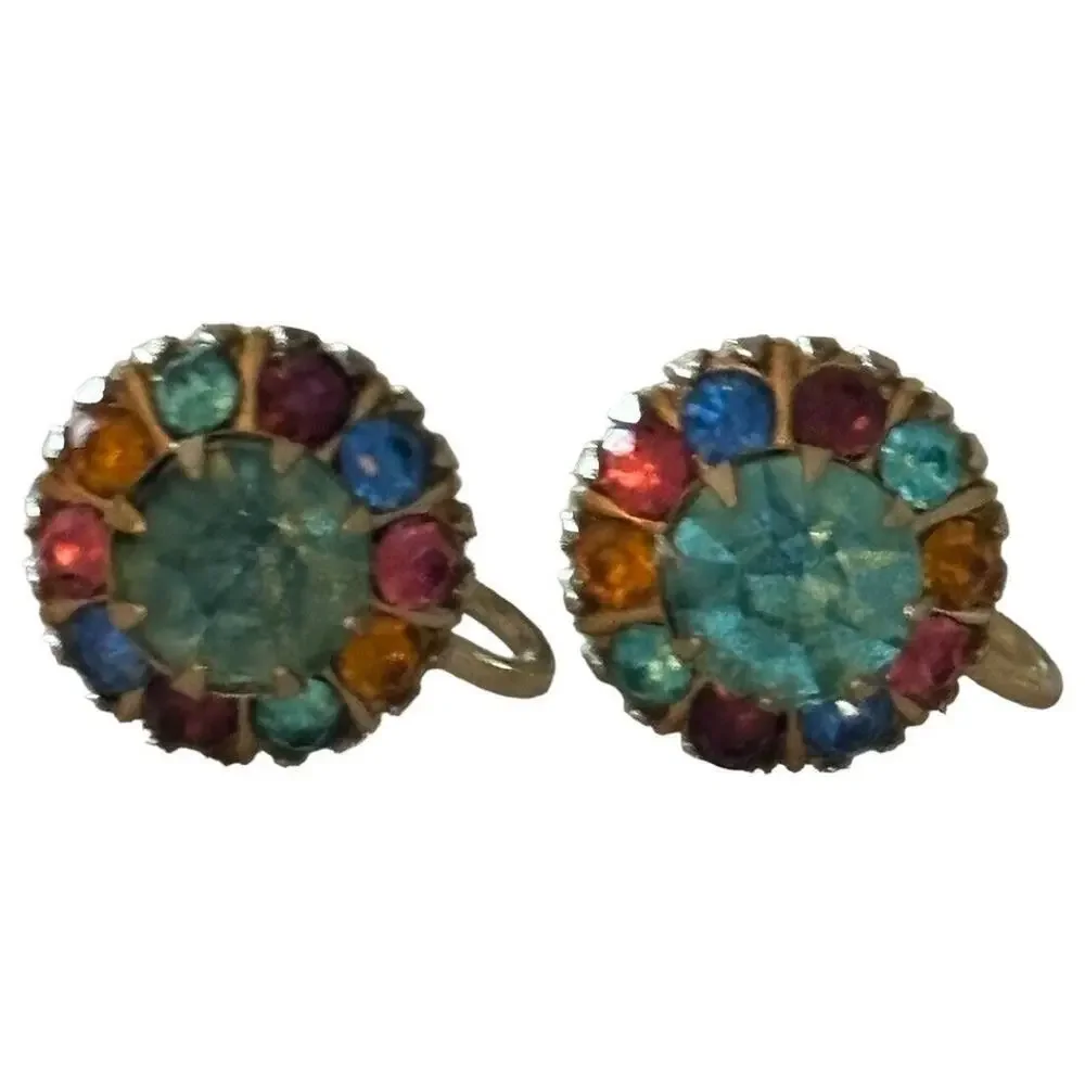 VTG CORO MULTICOLOR RHINESTONE GOLD PRONG SCREW BACK EARRINGS SIGNED
